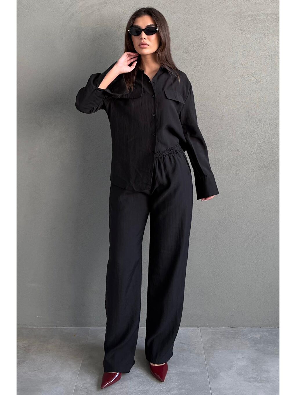 Siyah Kumaş Düğmeli Kadın Gömlek Takım Mg2621-5