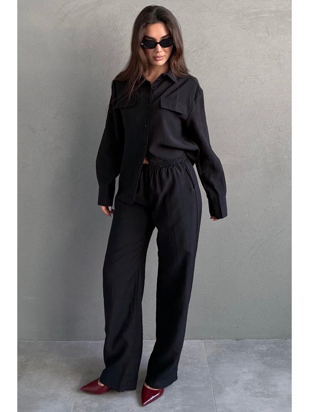 Siyah Kumaş Düğmeli Kadın Gömlek Takım Mg2621-6