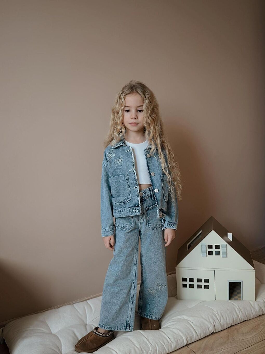 Mavi Kız Çocuk Çiçek Baskılı Cepli Jean İkili Takım Ceket Pantolon-1