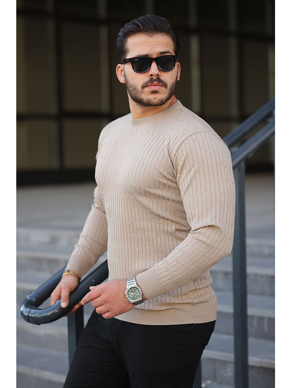 Bej Erkek Bisiklet Yaka Uzun Kollu Taş Triko Kazak-1