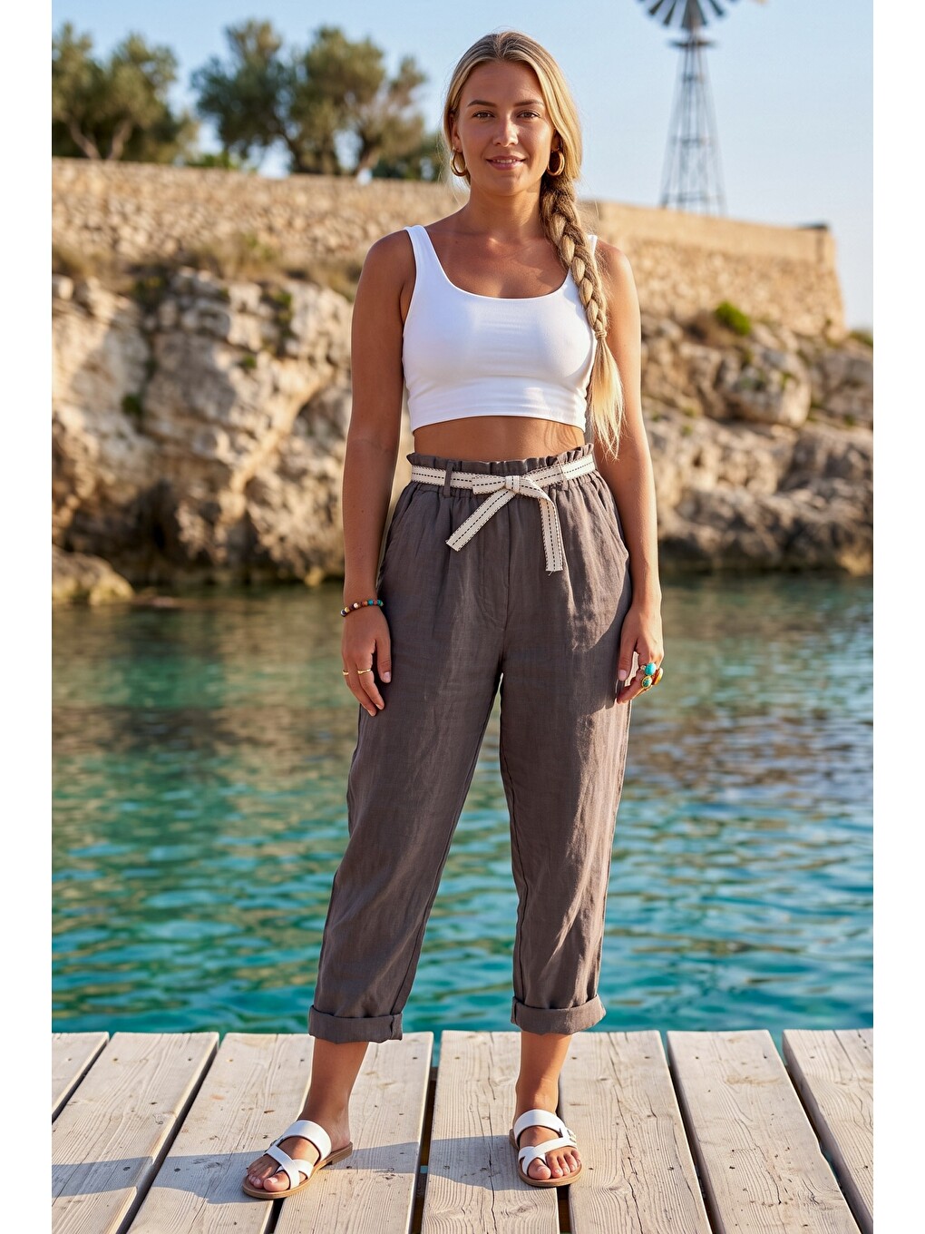 Bej İtalyan Vizon Cepli Kemerli Lastikli Bel Şalvar Paça Casual 100% Keten Dokuma Pantolon 85 60-5