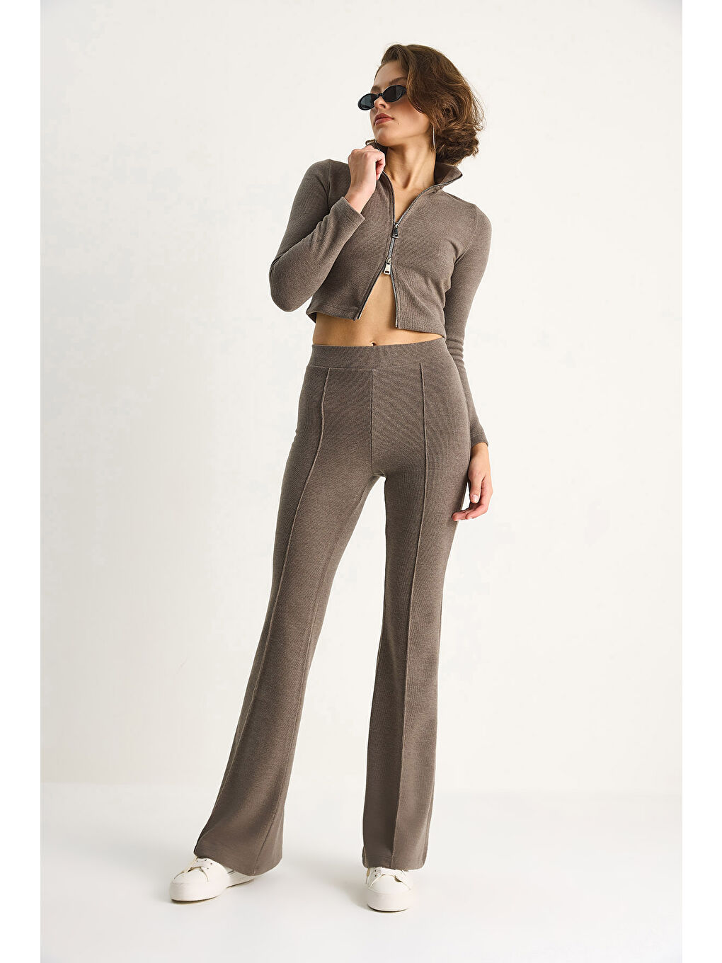 Bej Kadın Fitilli Örme Kumaş Çift Fermuar Detaylı Balıkçı Yaka Alt-Üst Takım-4