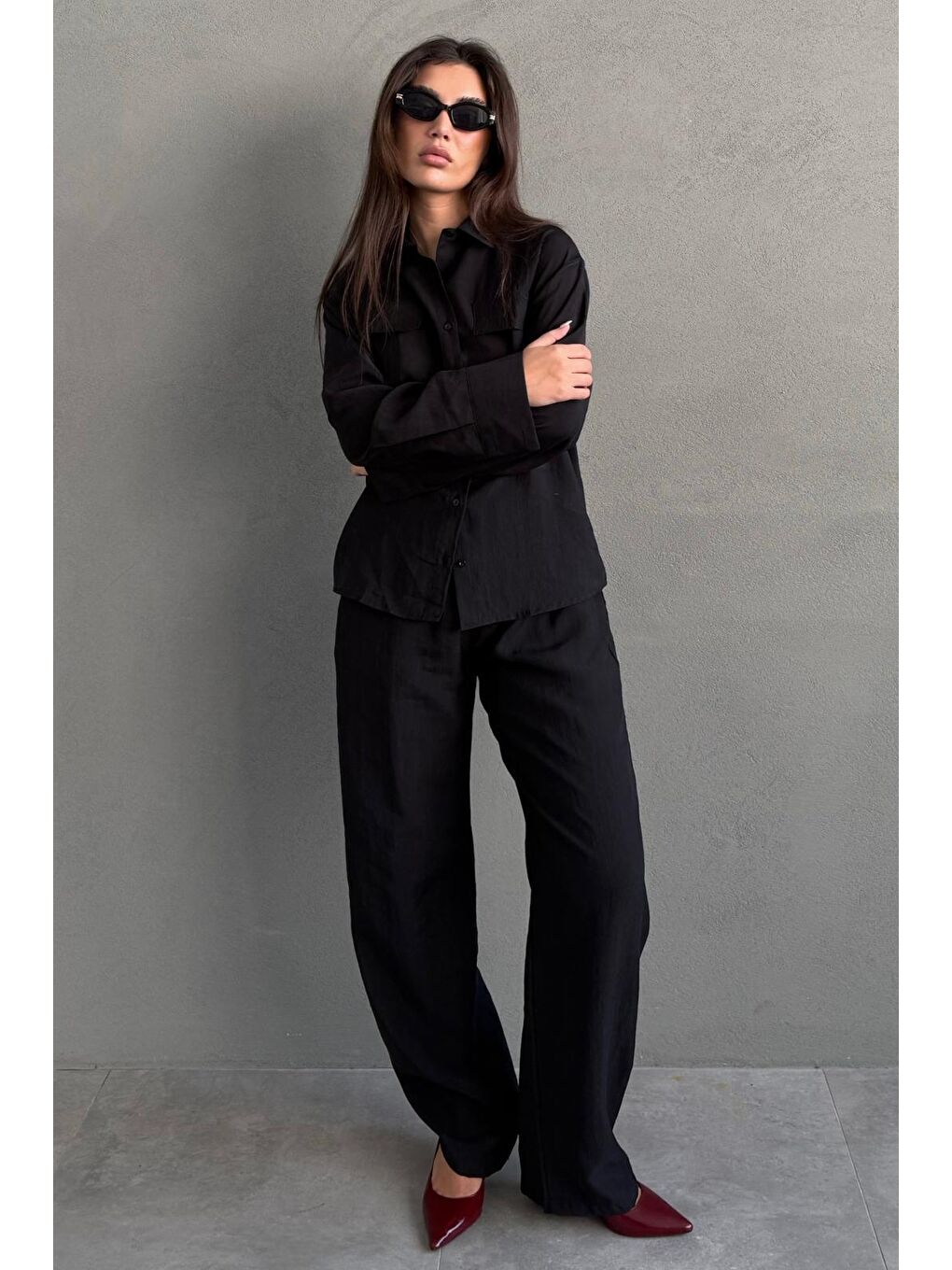 Siyah Kumaş Düğmeli Kadın Gömlek Takım Mg2621-8