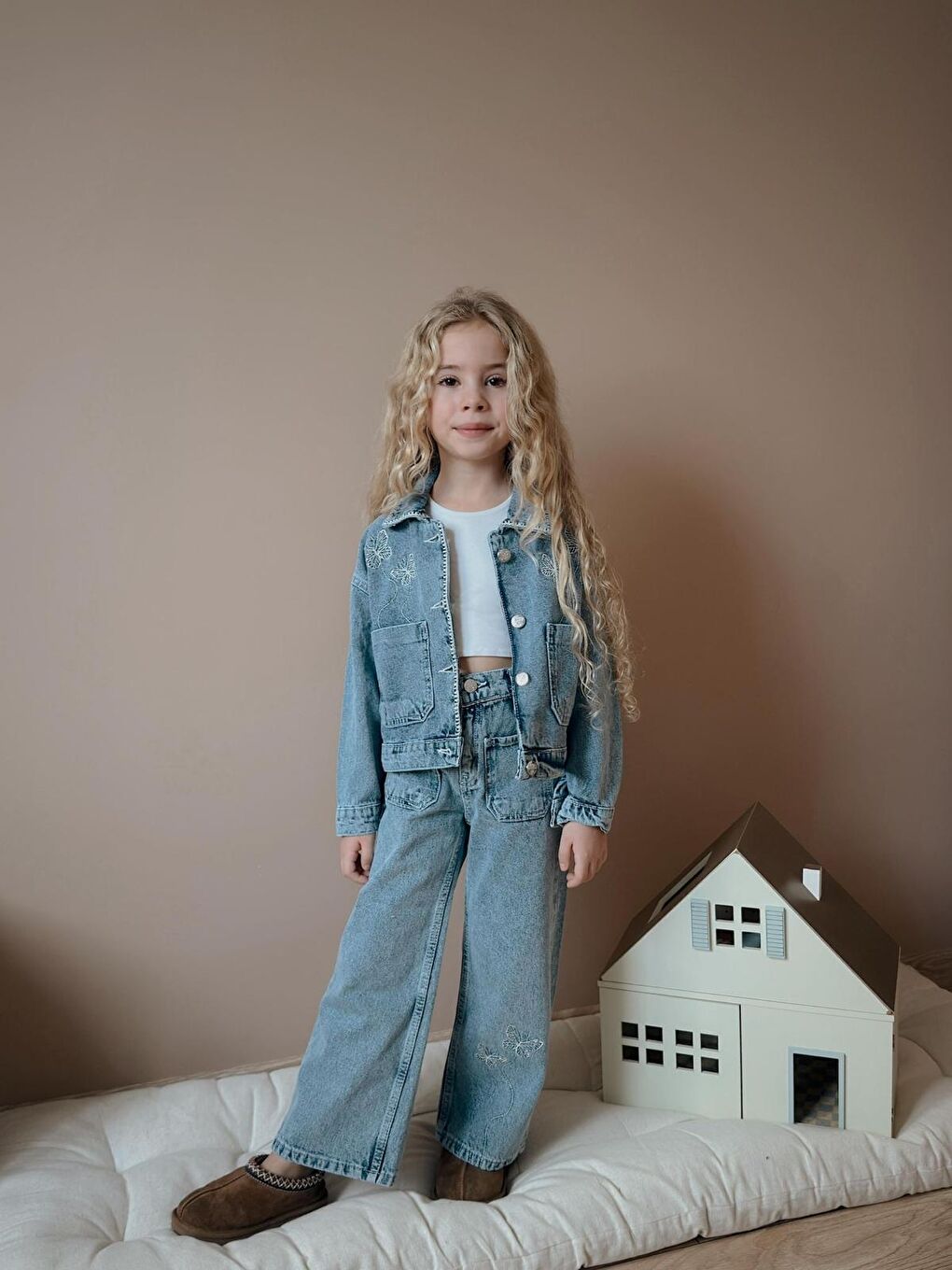 Mavi Kız Çocuk Çiçek Baskılı Cepli Jean İkili Takım Ceket Pantolon-2