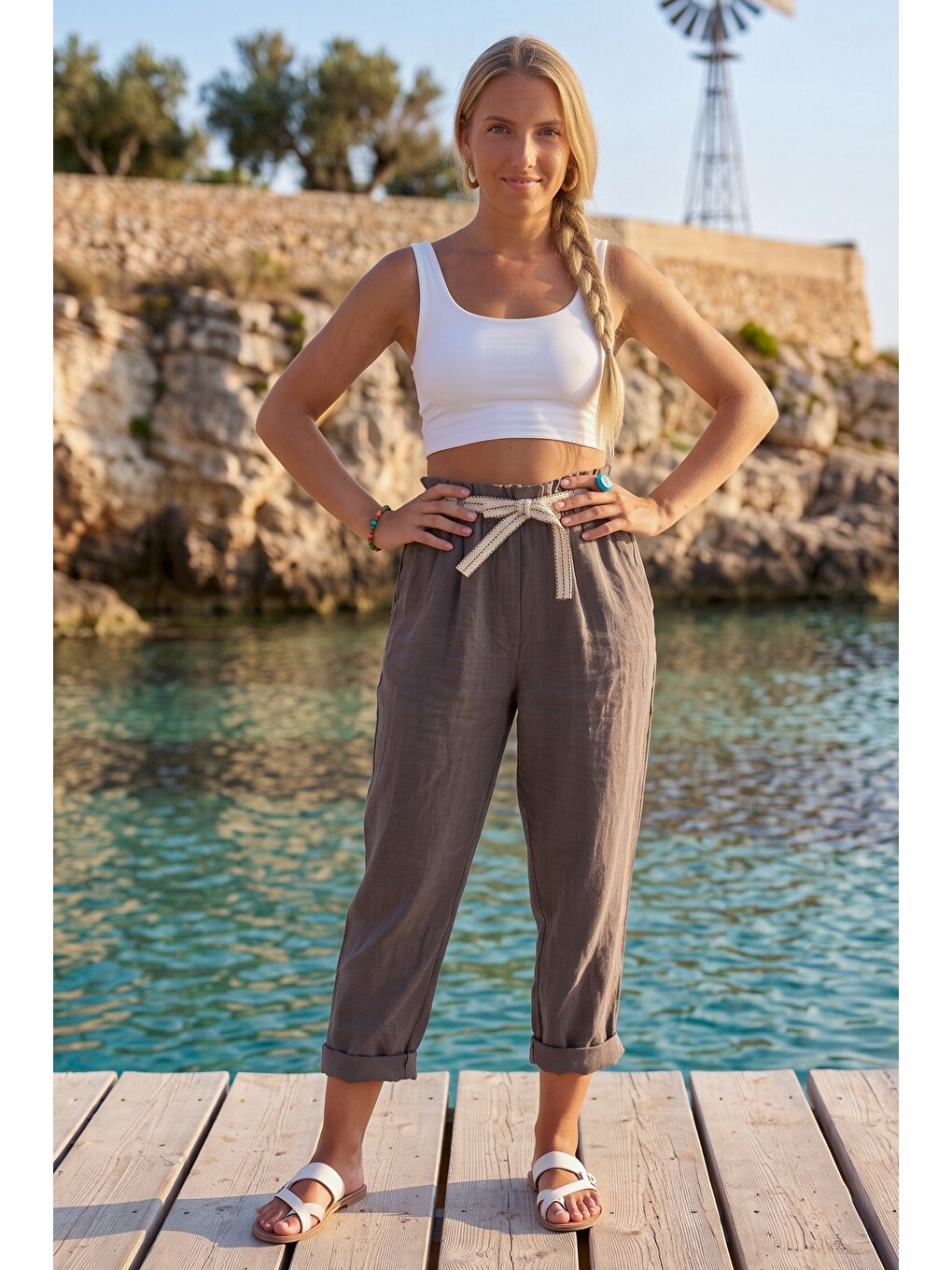 Bej İtalyan Vizon Cepli Kemerli Lastikli Bel Şalvar Paça Casual 100% Keten Dokuma Pantolon 85 60-6