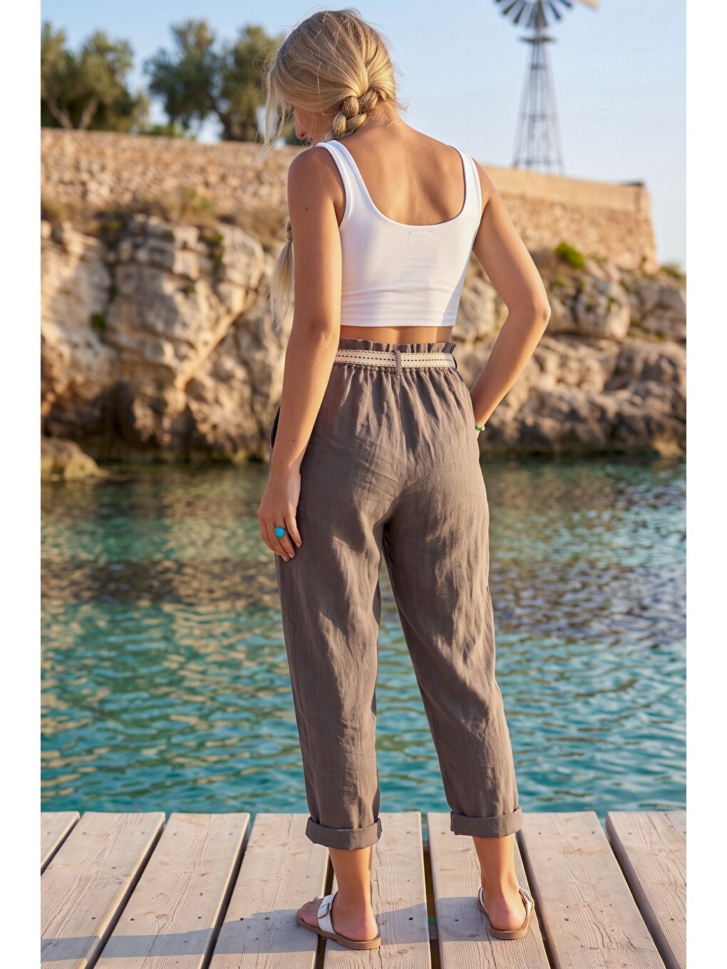 Bej İtalyan Vizon Cepli Kemerli Lastikli Bel Şalvar Paça Casual 100% Keten Dokuma Pantolon 85 60-7