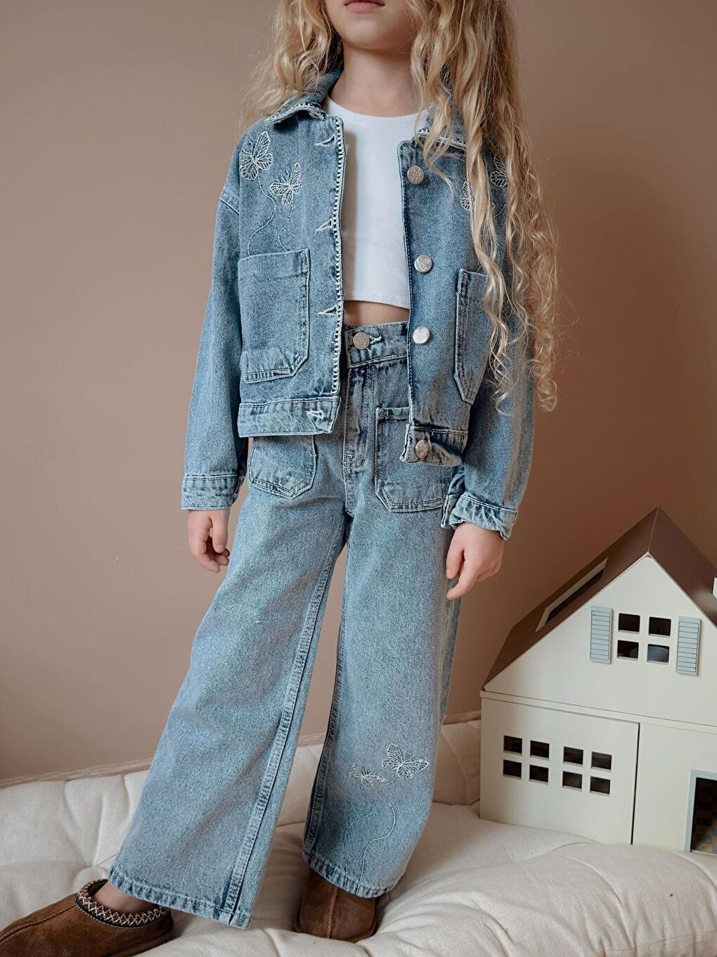 Mavi Kız Çocuk Çiçek Baskılı Cepli Jean İkili Takım Ceket Pantolon-3