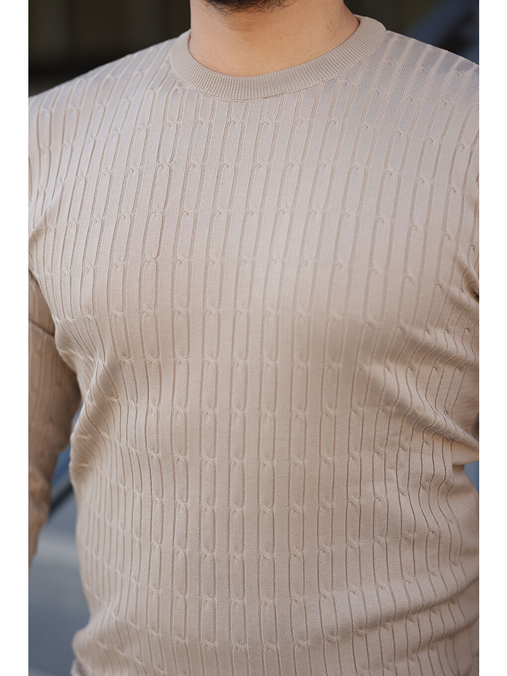 Bej Erkek Bisiklet Yaka Uzun Kollu Taş Triko Kazak-2