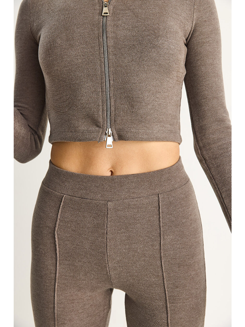 Bej Kadın Fitilli Örme Kumaş Çift Fermuar Detaylı Balıkçı Yaka Alt-Üst Takım-5