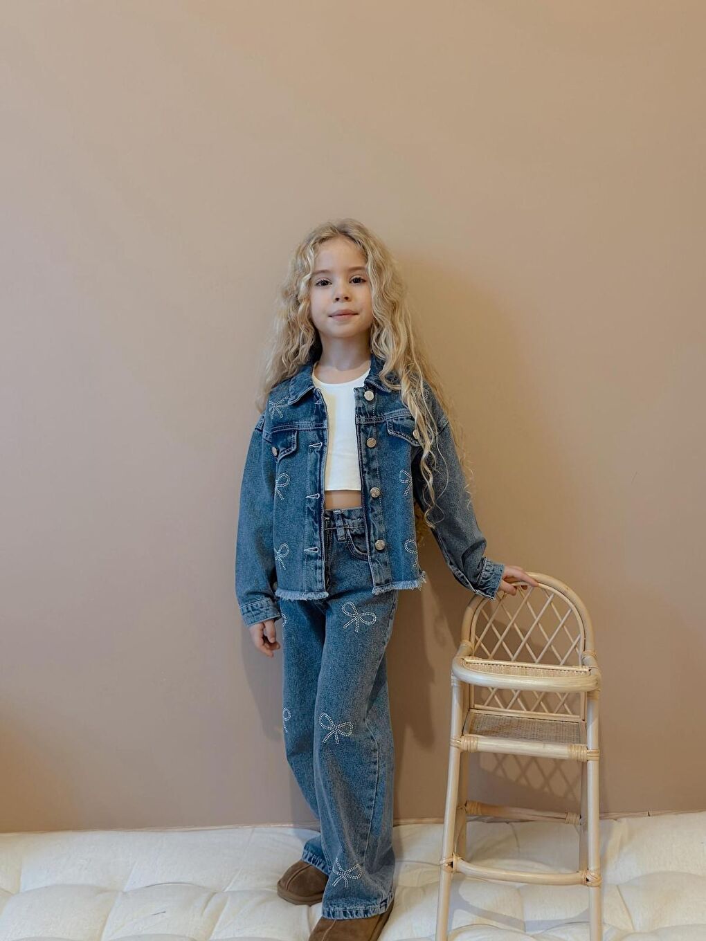 Lacivert Kız Çocuk Kurdela Baskılı Jean İkili Takım Ceket Pantolon-1
