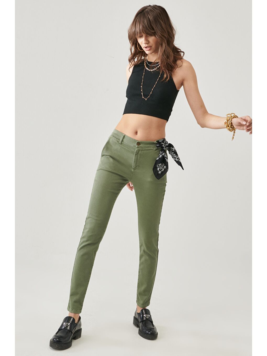 Scarlett Skinny Fit Dar Kesim Yüksek Bel Haki Esnek Pantolon-2