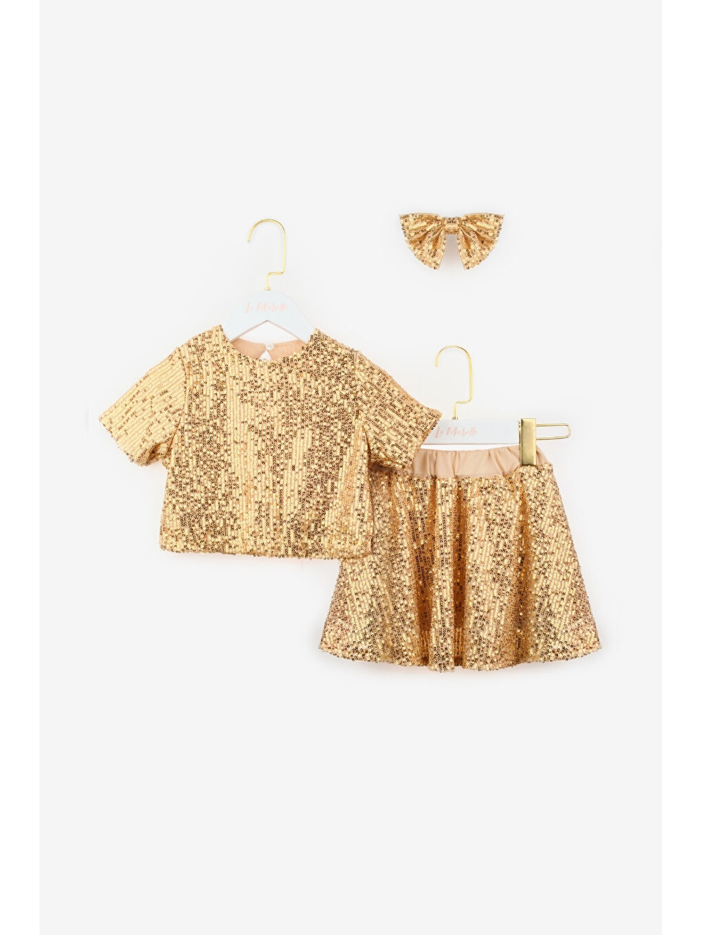 Sarı Altın Pul Payetli Kız Çocuk İkili Takım - Larina-3