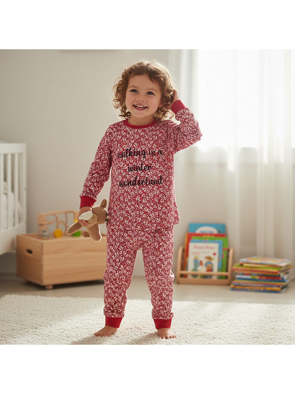 Kırmızı Çocuk Çiçek Baskılı Vişne Renk 2'li Takım Cb1058
