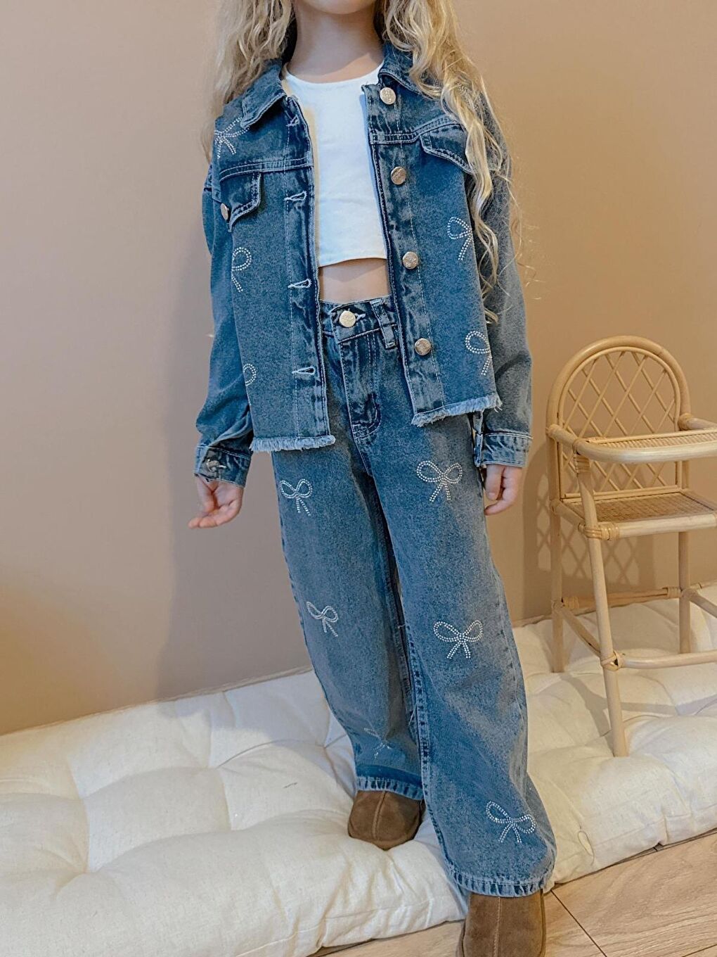 Lacivert Kız Çocuk Kurdela Baskılı Jean İkili Takım Ceket Pantolon-2