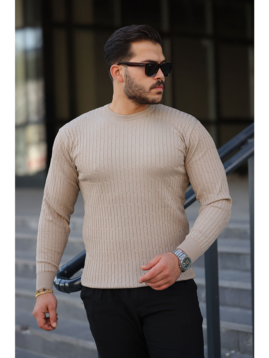 Bej Erkek Bisiklet Yaka Uzun Kollu Taş Triko Kazak-3