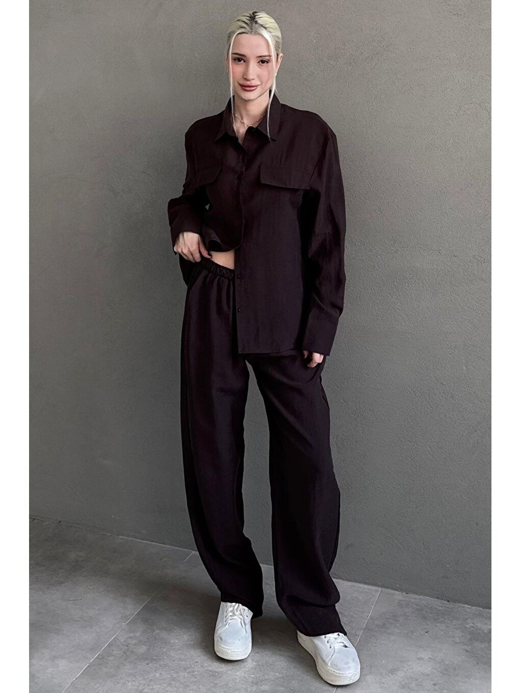 Kahverengi Kumaş Düğmeli Kadın Gömlek Takım Mg2621-1