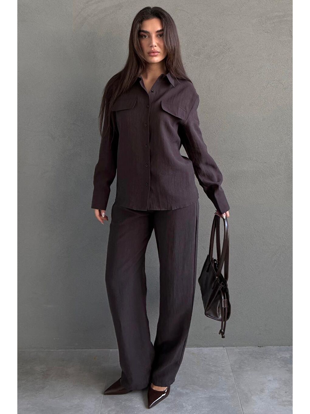 Kahverengi Kumaş Düğmeli Kadın Gömlek Takım Mg2621-2