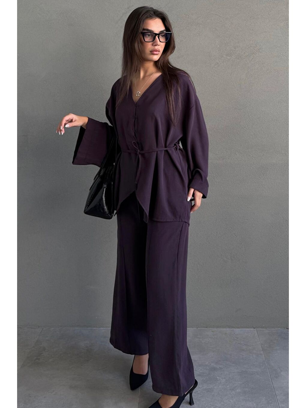 Mürdüm V Yaka Düğmeli Kuşaklı İkili Modal Kadın Takım Mg2619-2