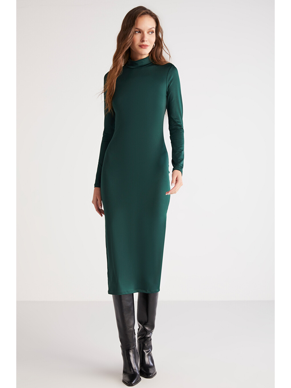 Katja Kadın Vücudu Tamamen Saran Slim Fit Dar Kesim Dik Yaka Midi Boy Yeşil Elbise-4