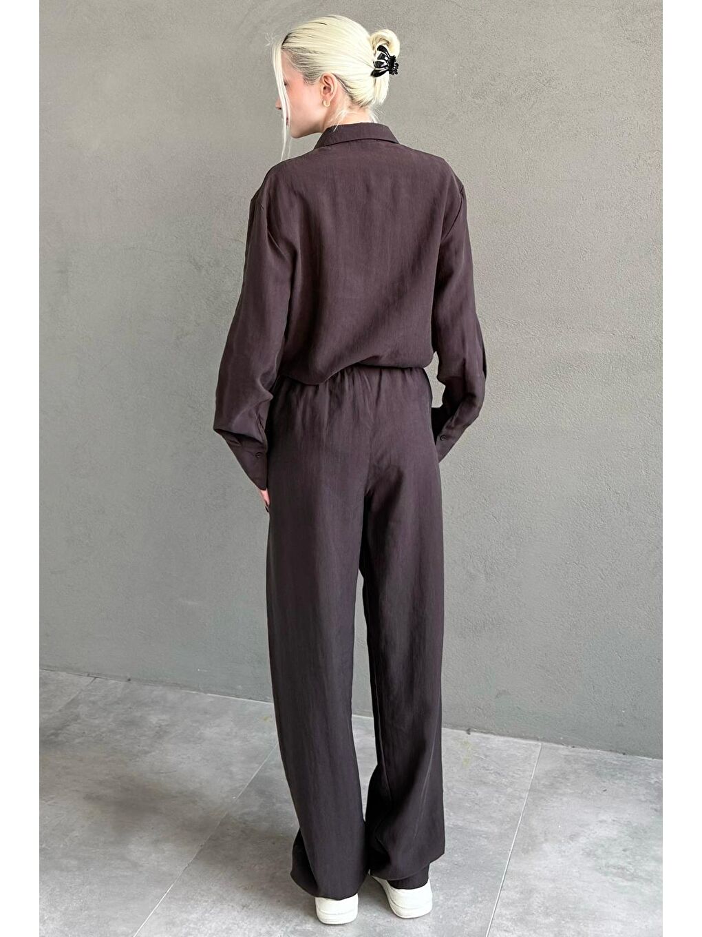 Kahverengi Kumaş Düğmeli Kadın Gömlek Takım Mg2621-3