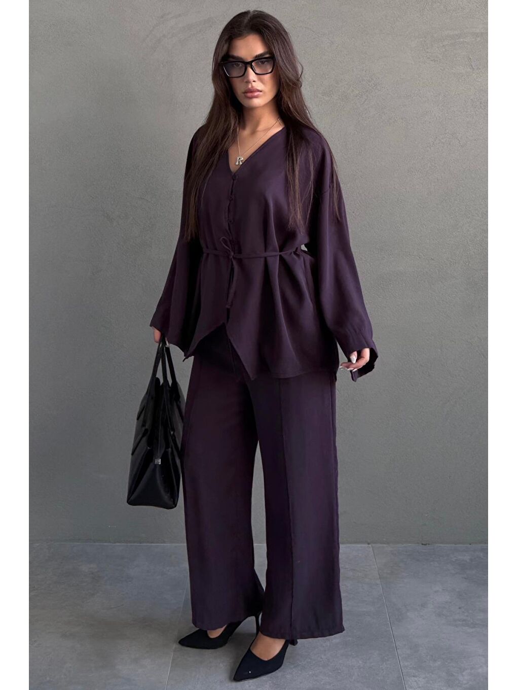 Mürdüm V Yaka Düğmeli Kuşaklı İkili Modal Kadın Takım Mg2619-4