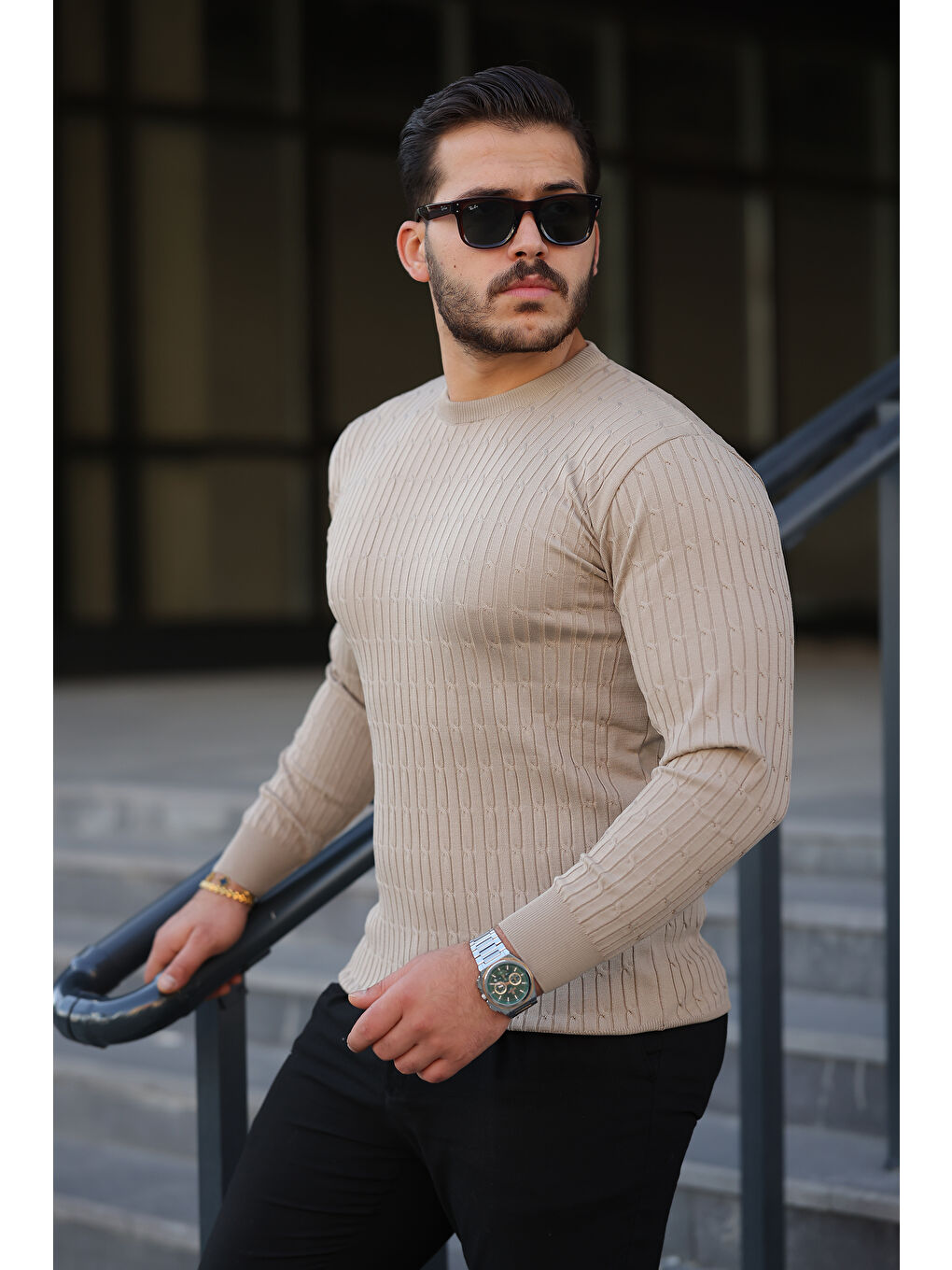 Bej Erkek Bisiklet Yaka Uzun Kollu Taş Triko Kazak-4