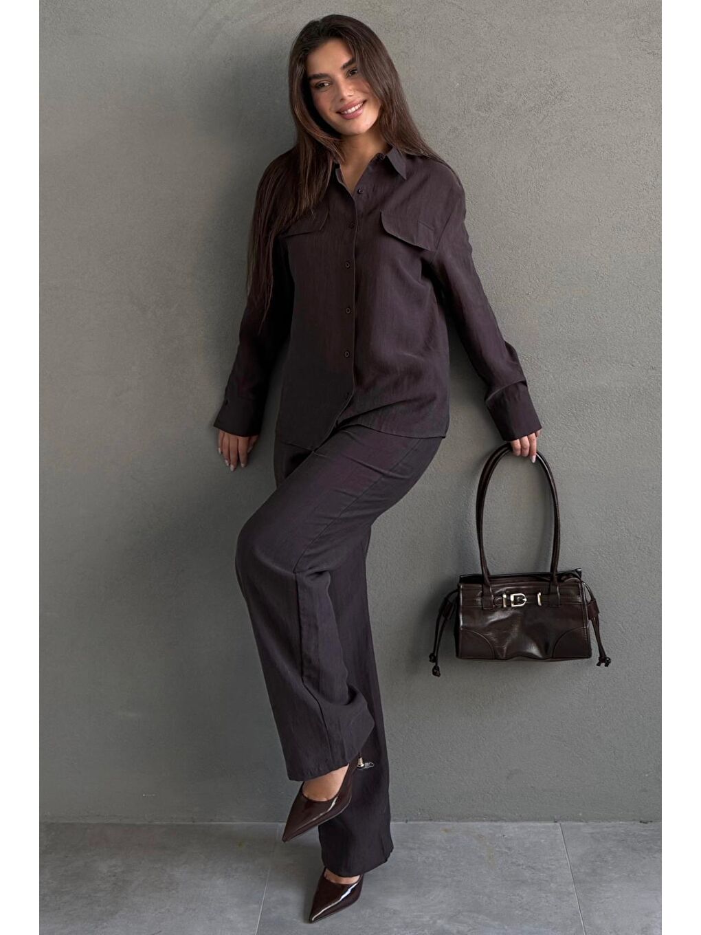Kahverengi Kumaş Düğmeli Kadın Gömlek Takım Mg2621-5