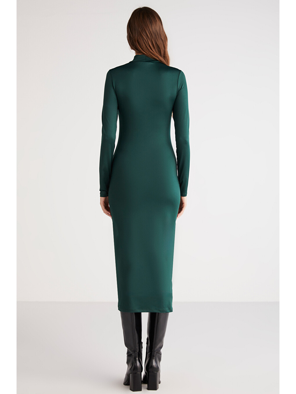 Katja Kadın Vücudu Tamamen Saran Slim Fit Dar Kesim Dik Yaka Midi Boy Yeşil Elbise-5