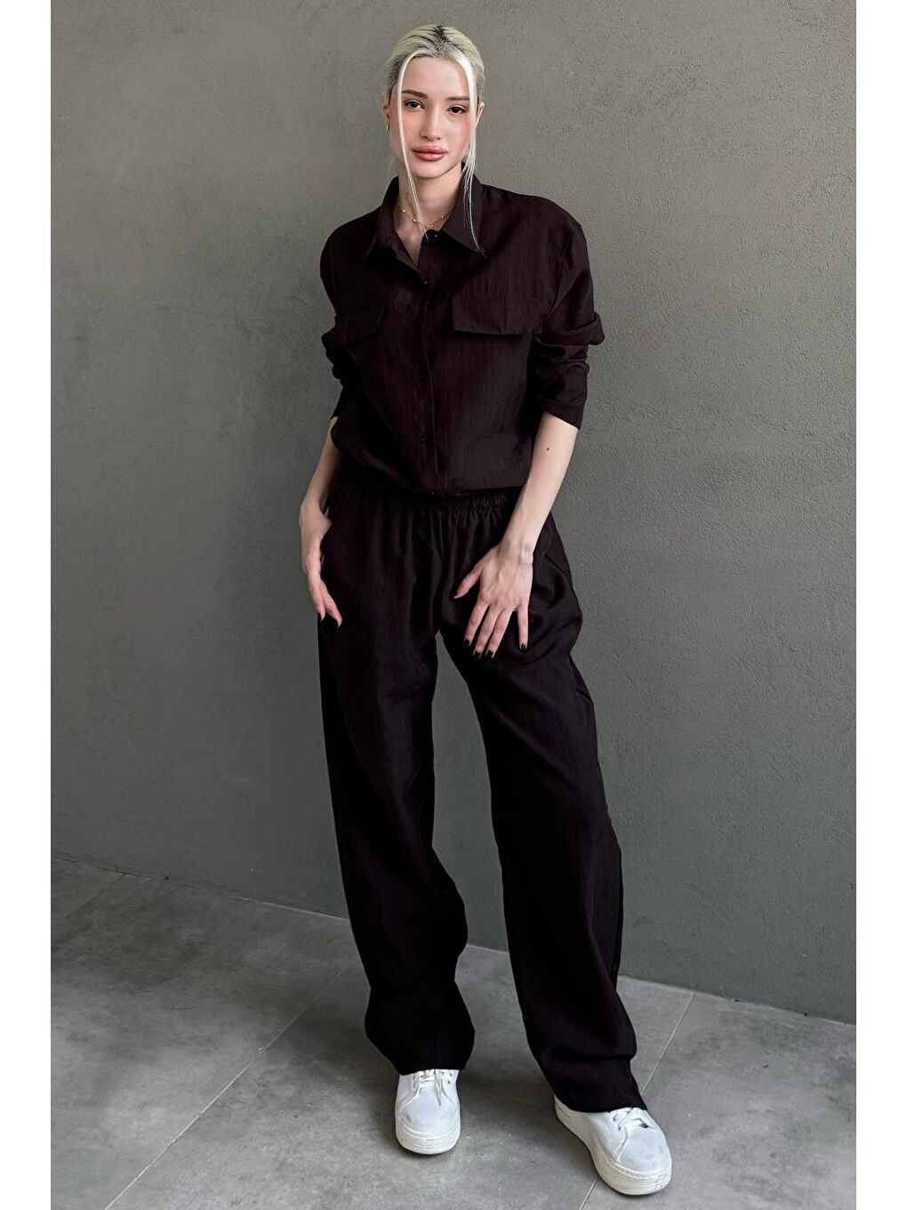 Kahverengi Kumaş Düğmeli Kadın Gömlek Takım Mg2621-7