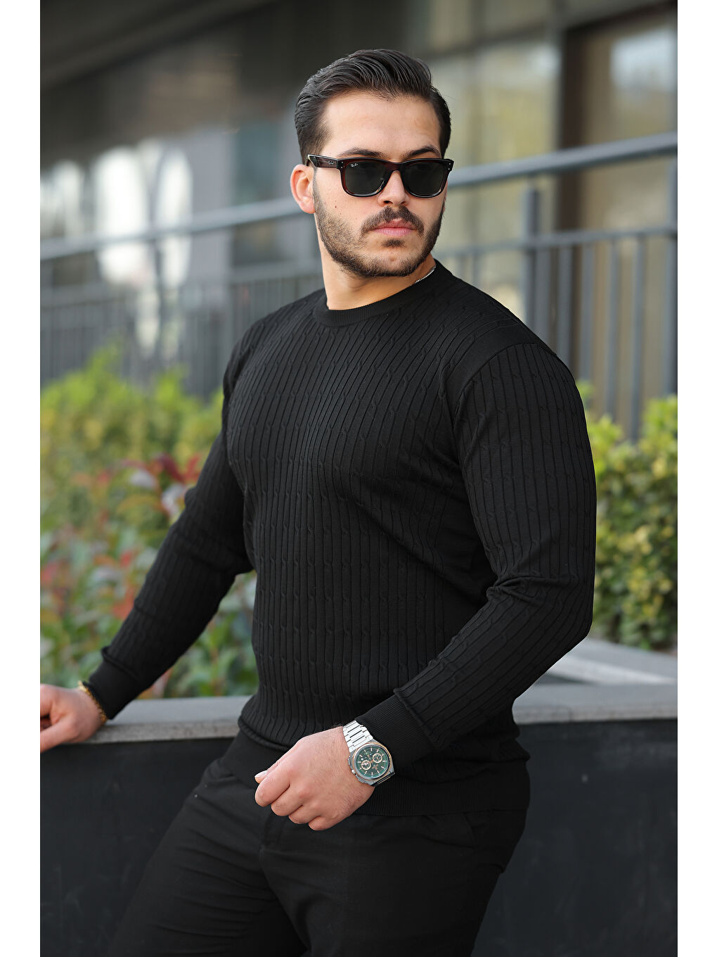 Erkek Bisiklet Yaka Uzun Kollu Siyah Triko Kazak-1