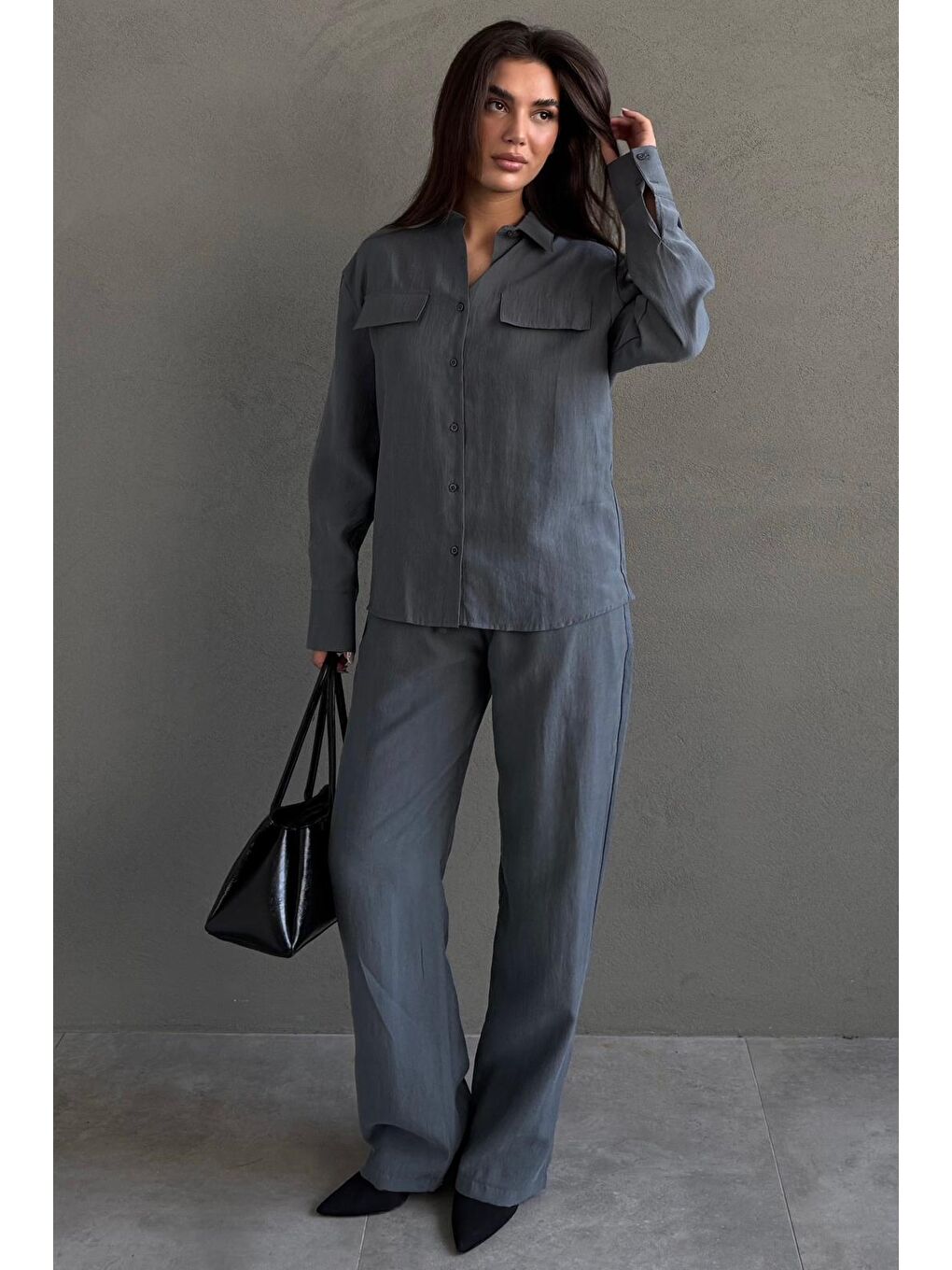 Gri Füme Kumaş Düğmeli Kadın Gömlek Takım Mg2621-3