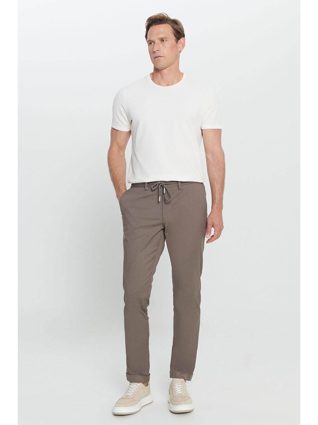 Erkek Kahverengi Comfort Fit Rahat Kesim Yan Cepli Desenli Beli Lastikli Pantolon