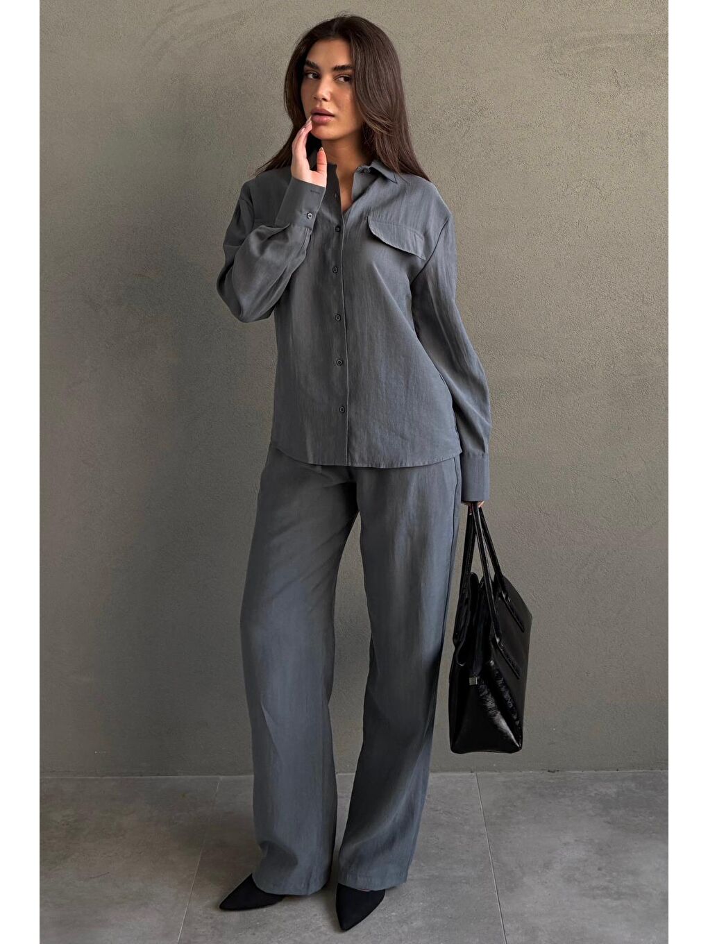 Gri Füme Kumaş Düğmeli Kadın Gömlek Takım Mg2621-5