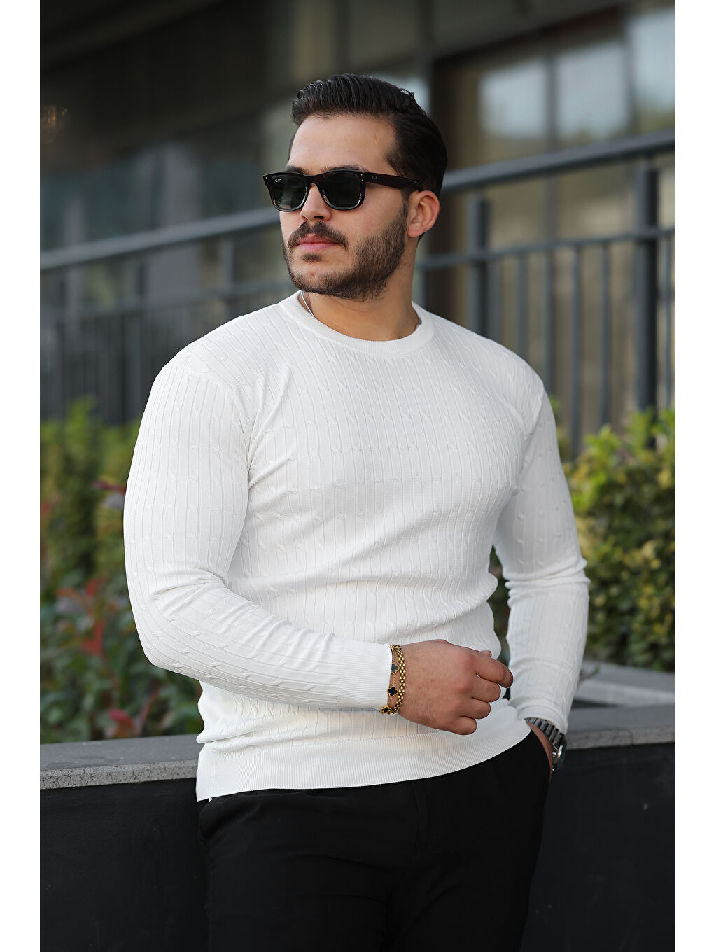 Erkek Bisiklet Yaka Uzun Kollu Beyaz Triko Kazak-1