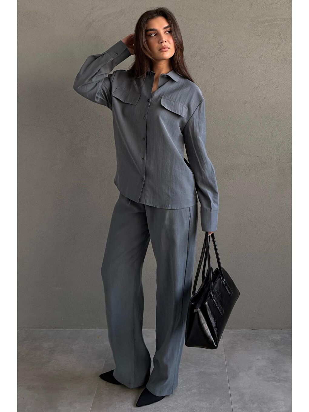 Gri Füme Kumaş Düğmeli Kadın Gömlek Takım Mg2621-6