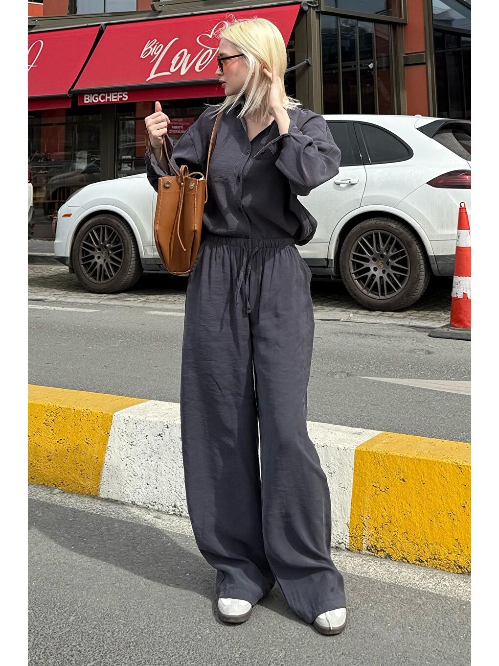 Gri Füme Basic Kadın Gömlek Pantolon İkili Takım Mg2352-1