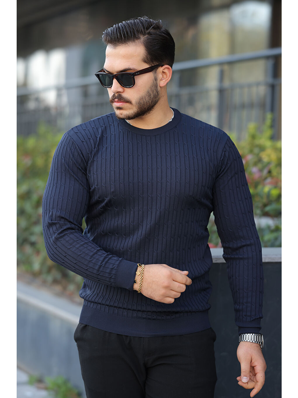 Erkek Bisiklet Yaka Uzun Kollu Lacivert Triko Kazak-1