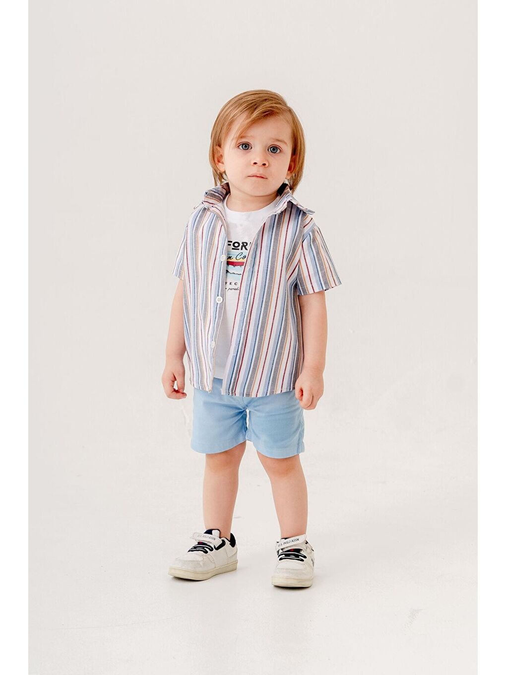 Mavi Tarz Gömlekli Çizgili Belden Ayarlanabilir Kısa Kollu Şortlu 3'lü Takım Bayramlık Düğünlük-1