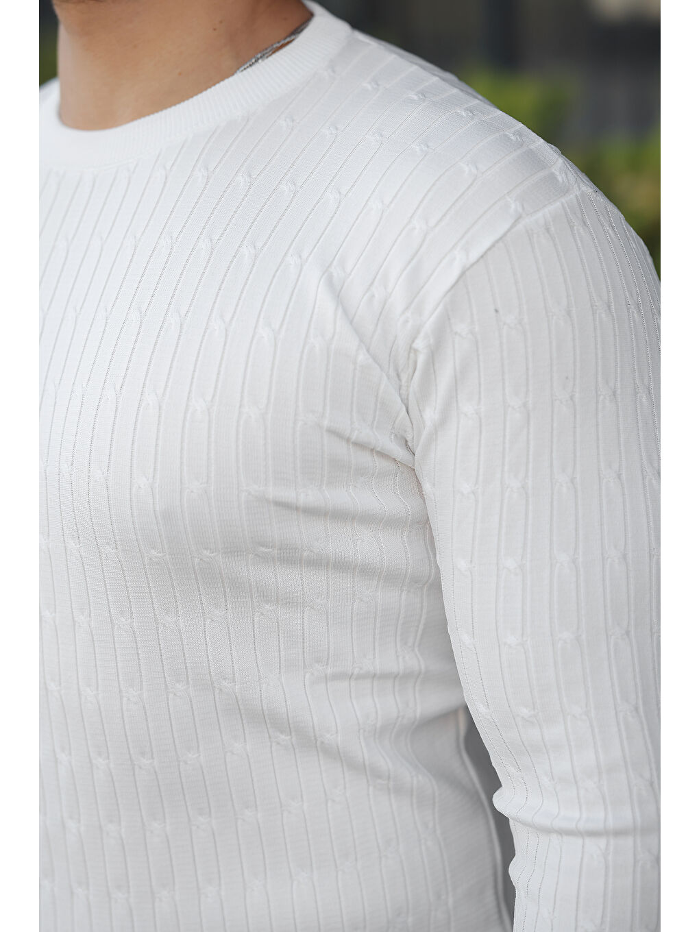 Erkek Bisiklet Yaka Uzun Kollu Beyaz Triko Kazak-2