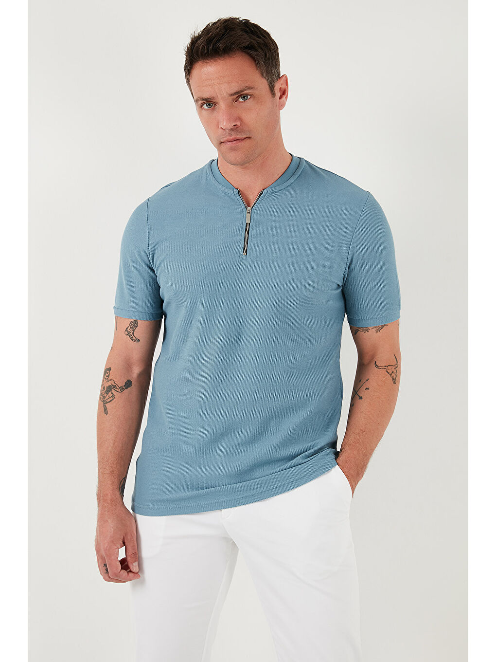 Beyaz Pamuklu Regular Fit Yarım Fermuarlı Kolej Yaka 3'lü Paket Tişört 5902653S3-3