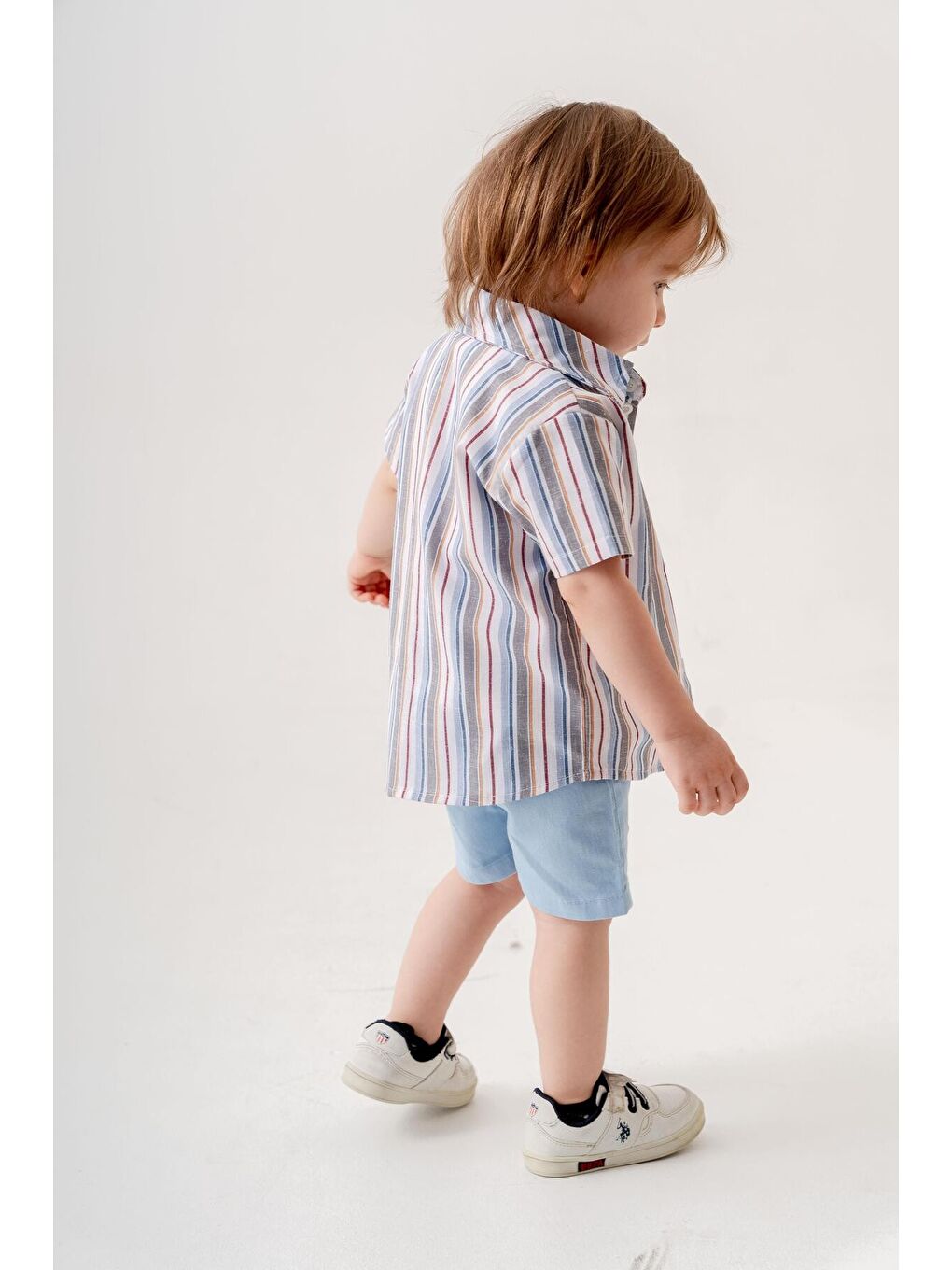 Mavi Tarz Gömlekli Çizgili Belden Ayarlanabilir Kısa Kollu Şortlu 3'lü Takım Bayramlık Düğünlük-2