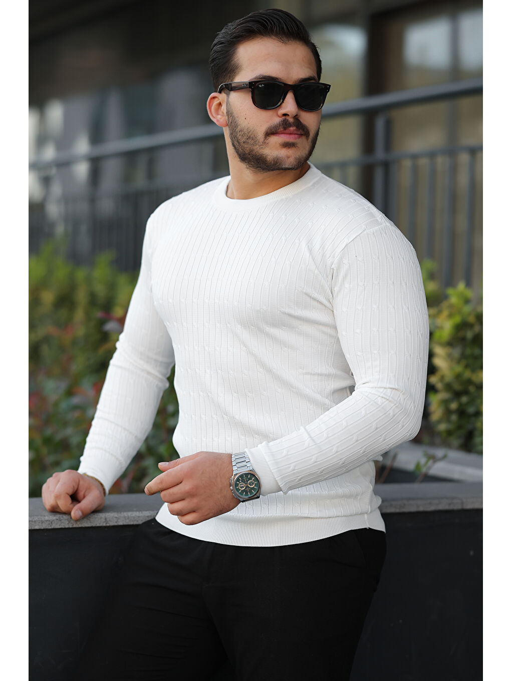 Erkek Bisiklet Yaka Uzun Kollu Beyaz Triko Kazak-3