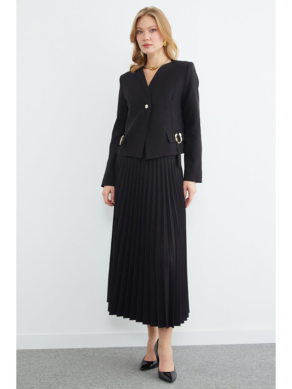 Siyah Fullamodest Toka Detaylı Etekli 2 Li Takım-1