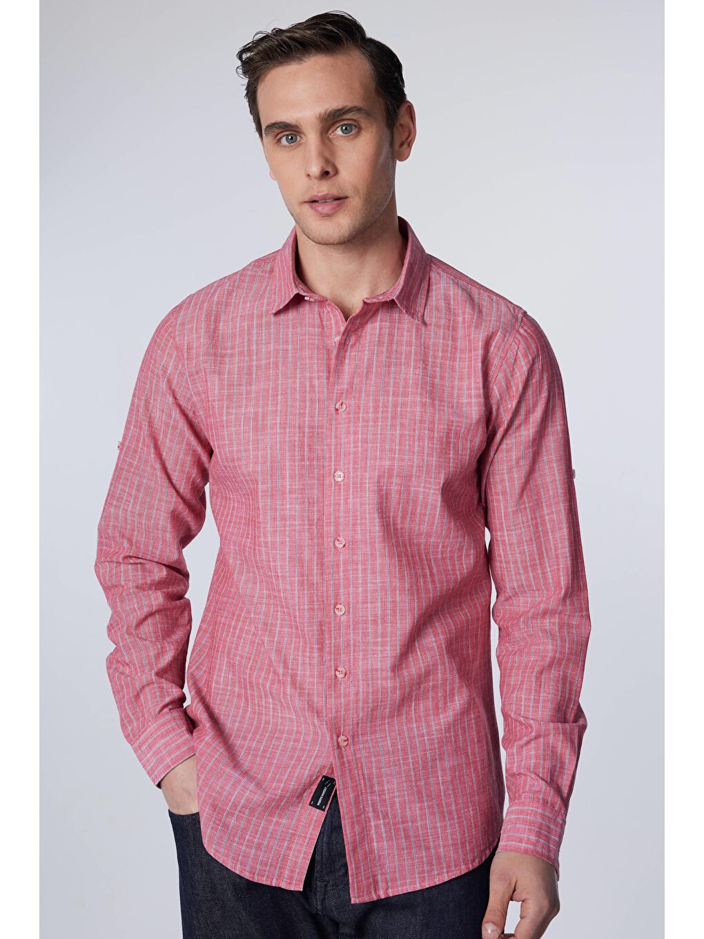 Karışık Erkek Slim Fit Dar Kesim Uzun Kollu %100 Pamuk Keten Doku Çizgili Gömlek-1