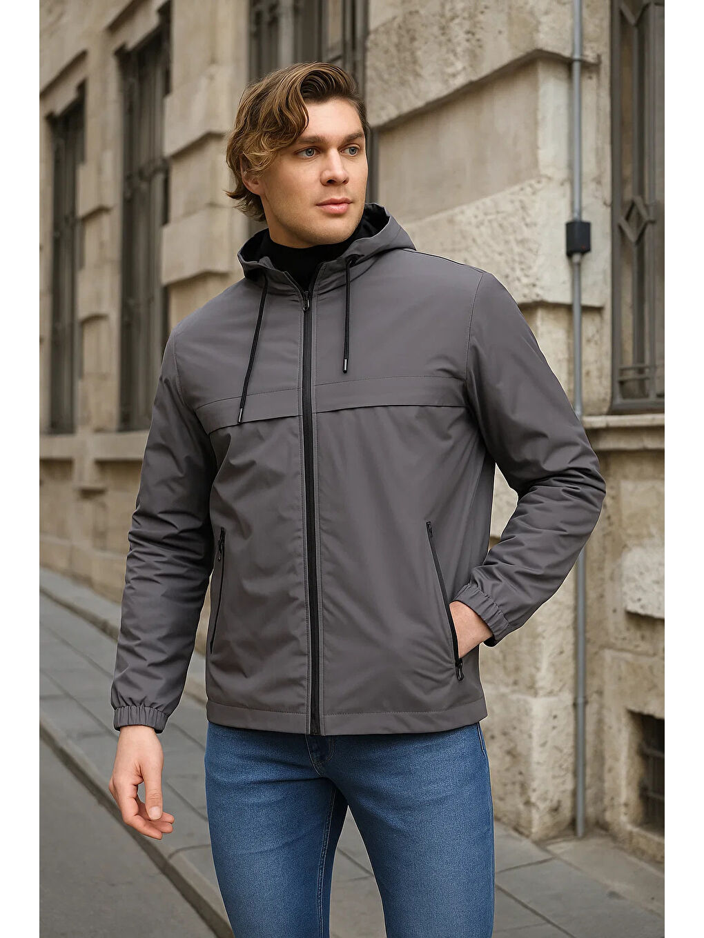 Gri Erkek Astarlı Kapüşonlu Füme Rüzgarlık & Yağmurluk