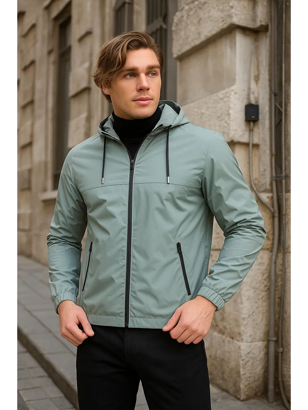 Yeşil Erkek Astarlı Kapüşonlu Mint Rüzgarlık & Yağmurluk-1
