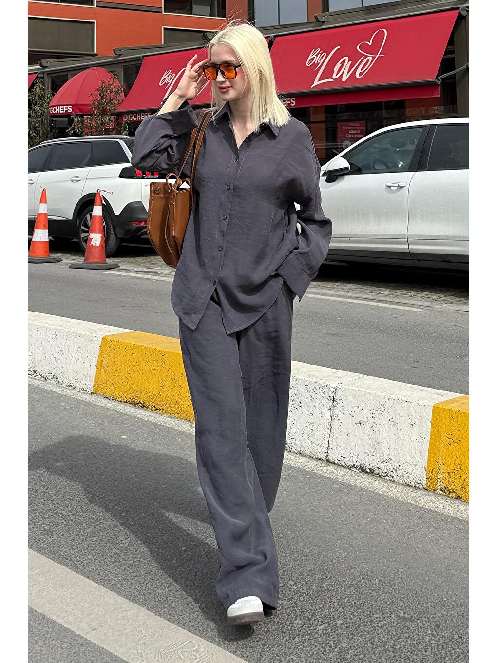 Gri Füme Basic Kadın Gömlek Pantolon İkili Takım Mg2352-6