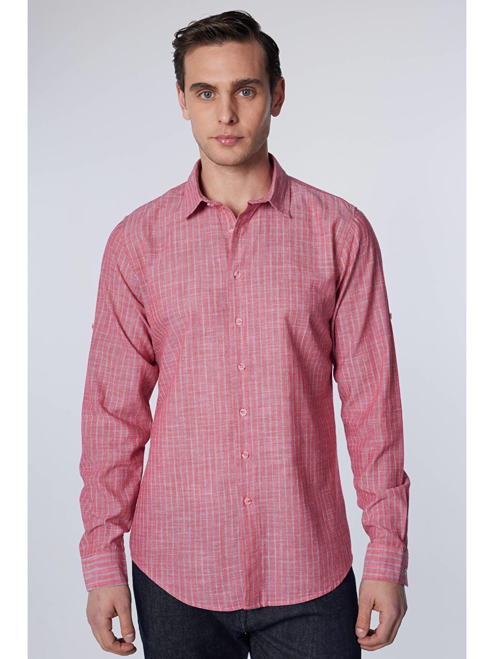 Karışık Erkek Slim Fit Dar Kesim Uzun Kollu %100 Pamuk Keten Doku Çizgili Gömlek-2