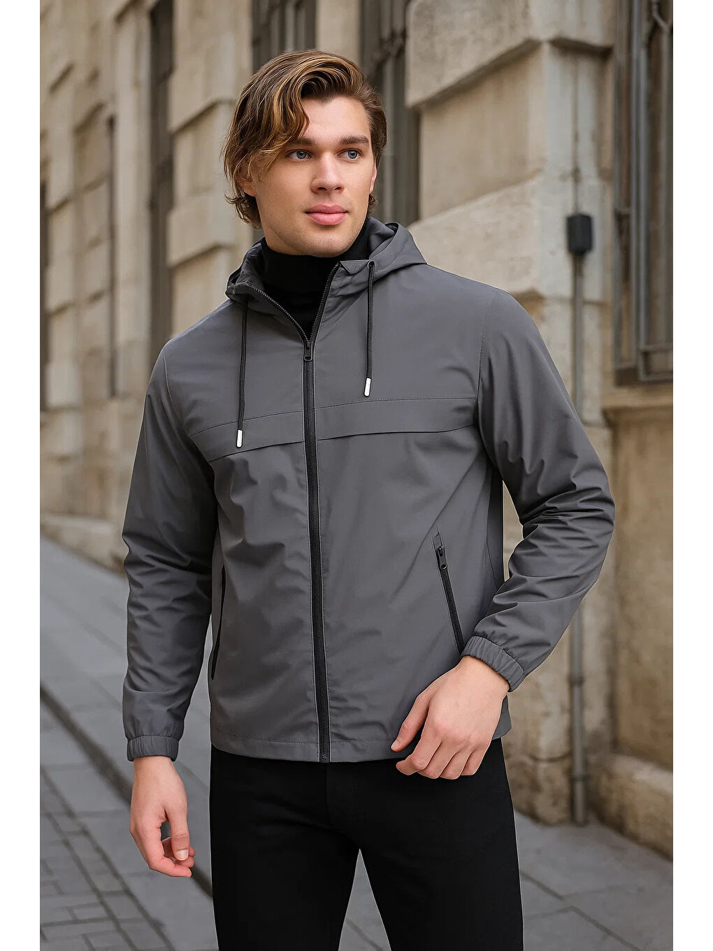 Gri Erkek Astarlı Kapüşonlu Füme Rüzgarlık & Yağmurluk-1