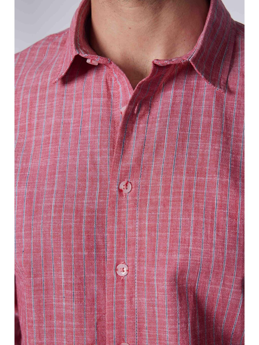 Karışık Erkek Slim Fit Dar Kesim Uzun Kollu %100 Pamuk Keten Doku Çizgili Gömlek-3